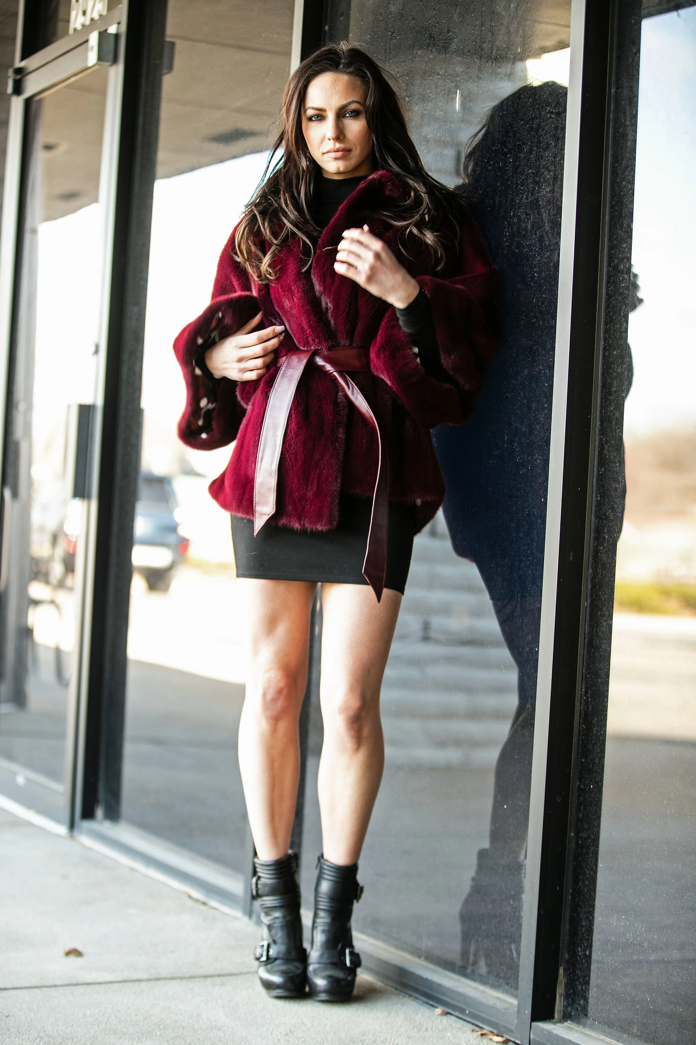 Dyed Crimson Red Mink Belted Cape