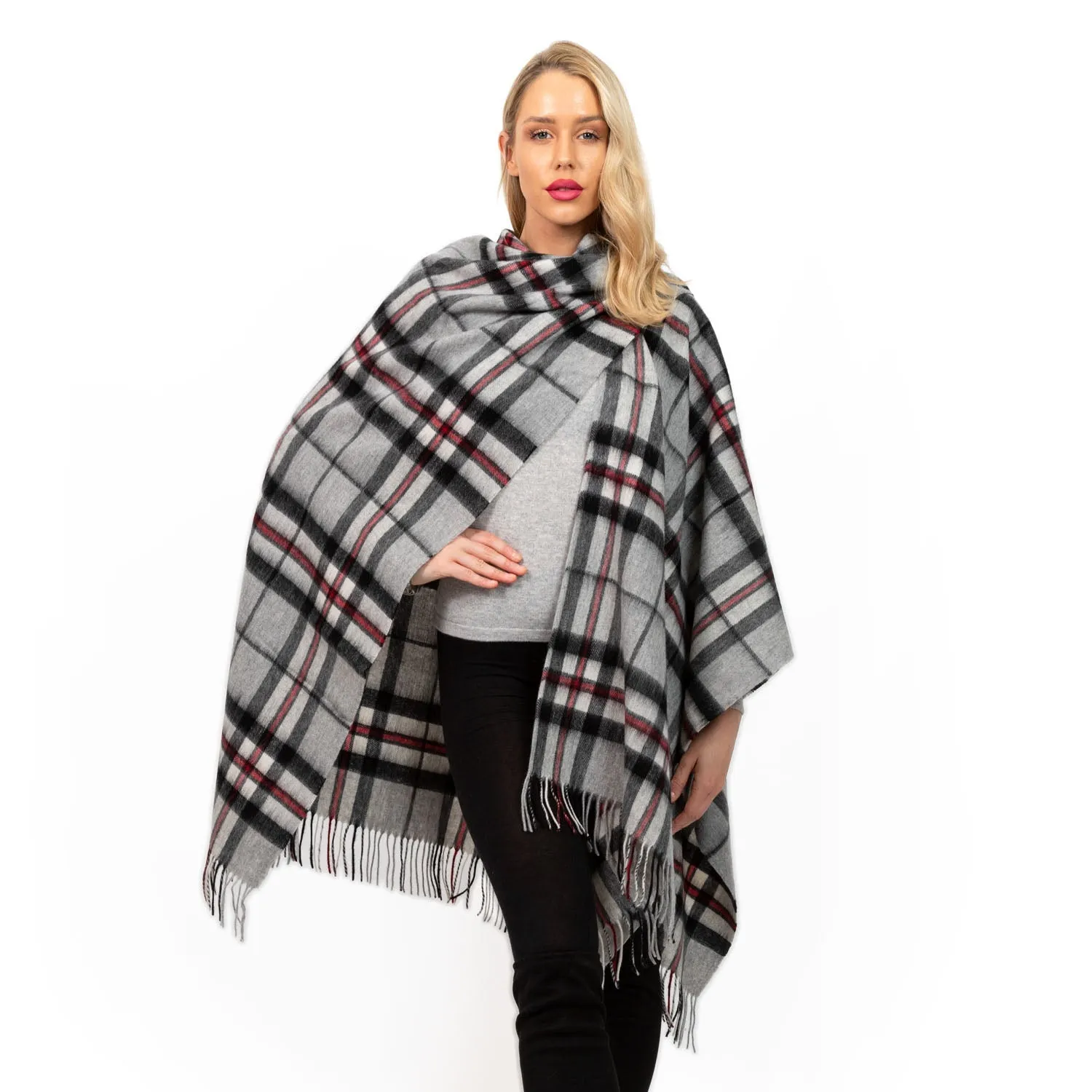 Edinburgh Lambswool Long Tartan Cape  Thomson Grey