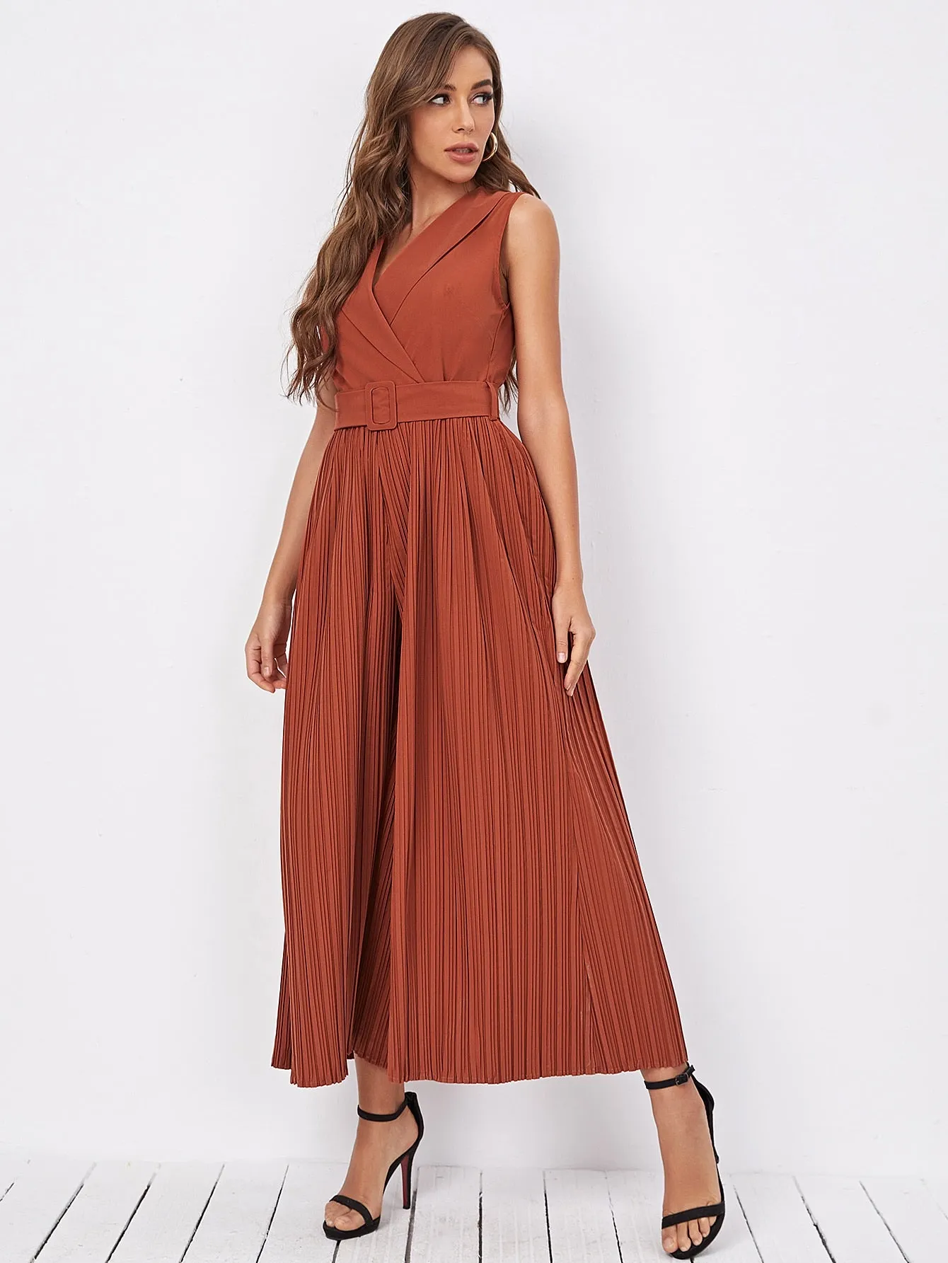 Elegant Plain Pleated Sleeveless Shawl Collar High Waist Long Women Jumpsuit