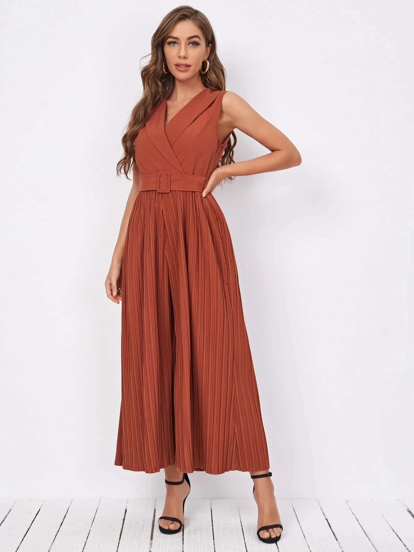 Elegant Plain Pleated Sleeveless Shawl Collar High Waist Long Women Jumpsuit