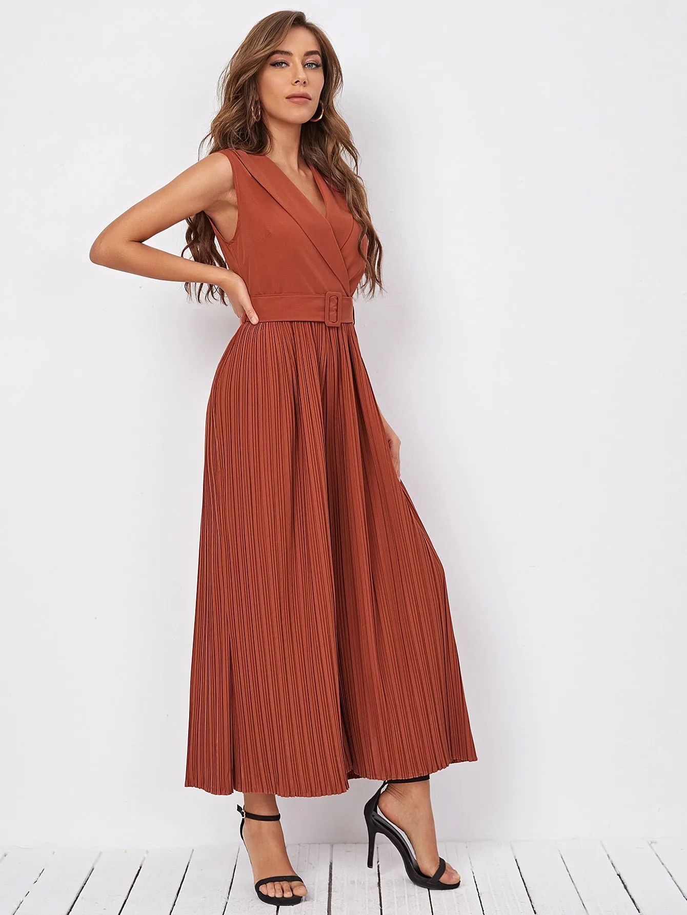 Elegant Plain Pleated Sleeveless Shawl Collar High Waist Long Women Jumpsuit