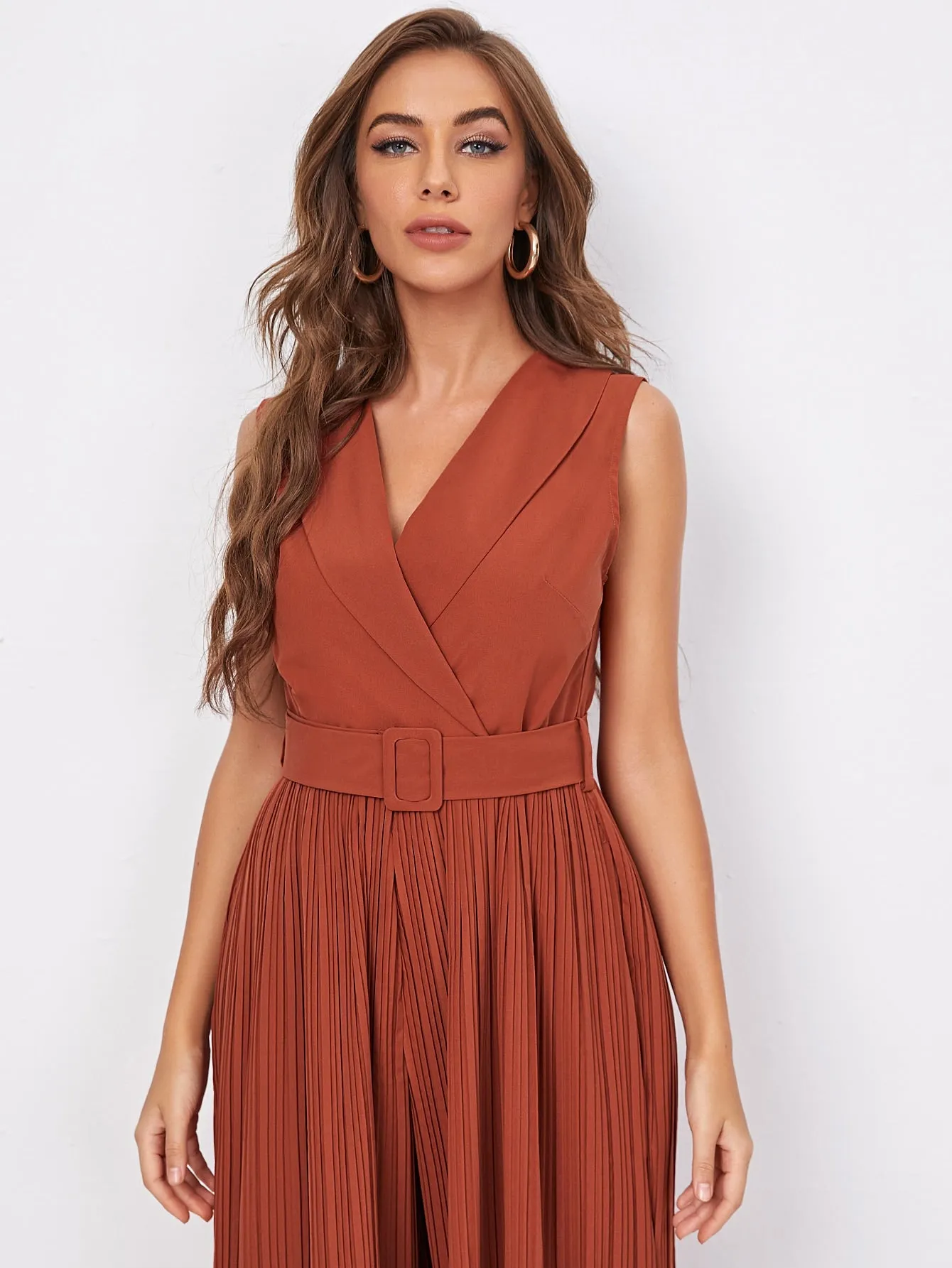 Elegant Plain Pleated Sleeveless Shawl Collar High Waist Long Women Jumpsuit