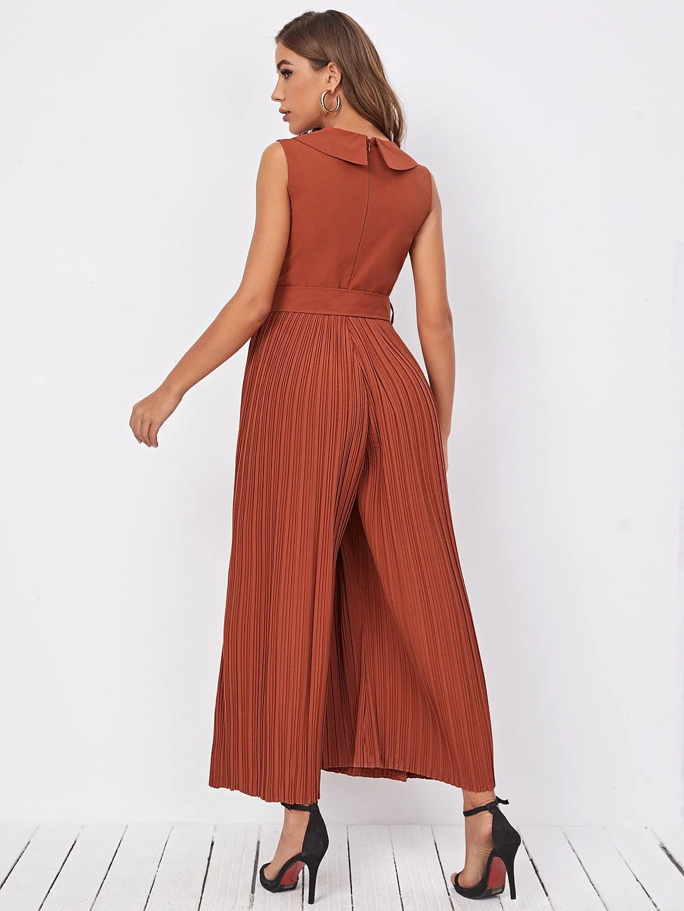 Elegant Plain Pleated Sleeveless Shawl Collar High Waist Long Women Jumpsuit