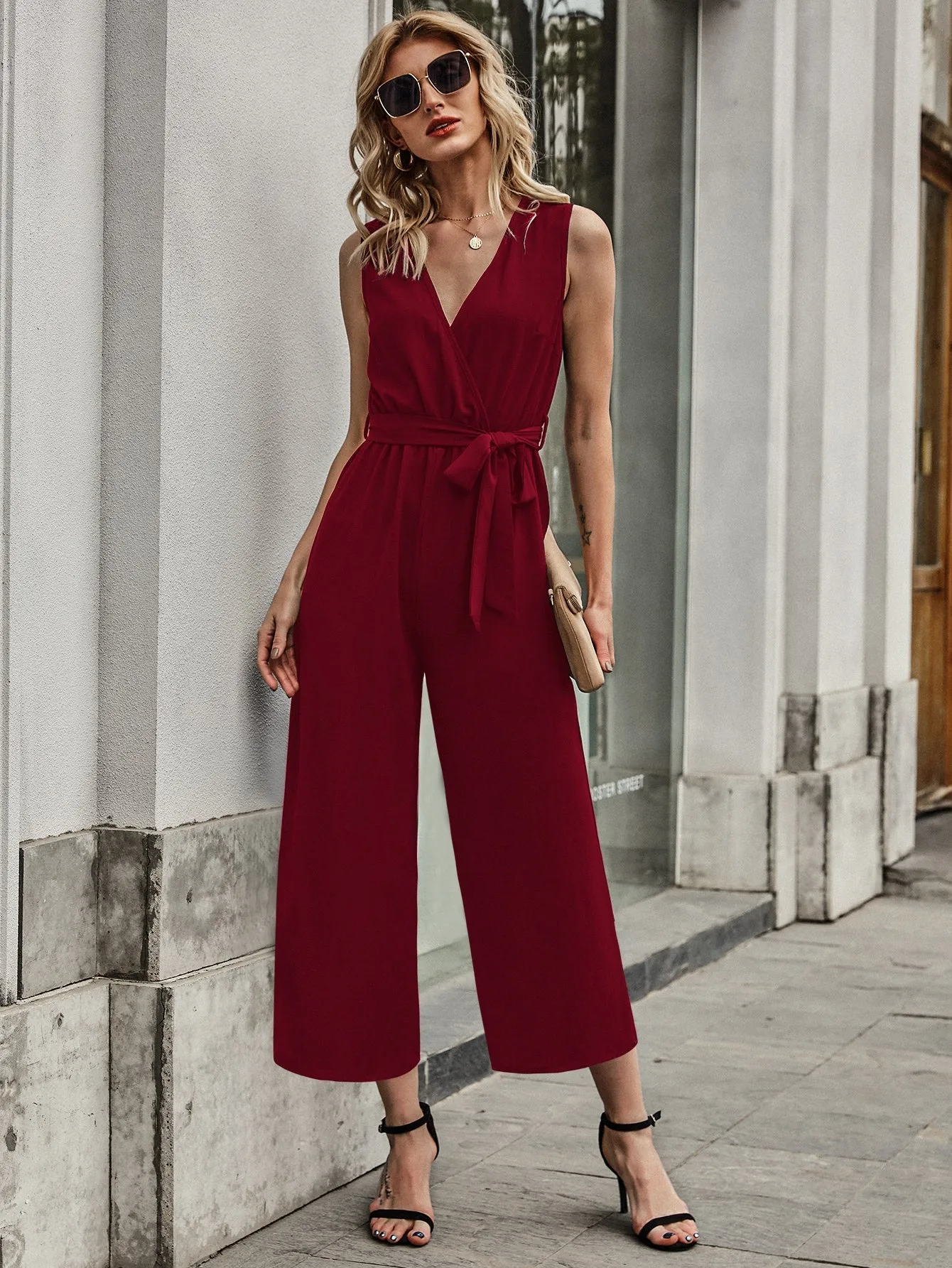 Elegant Plain Wrap Sleeveless V Neck High Waist Capris Women Jumpsuit