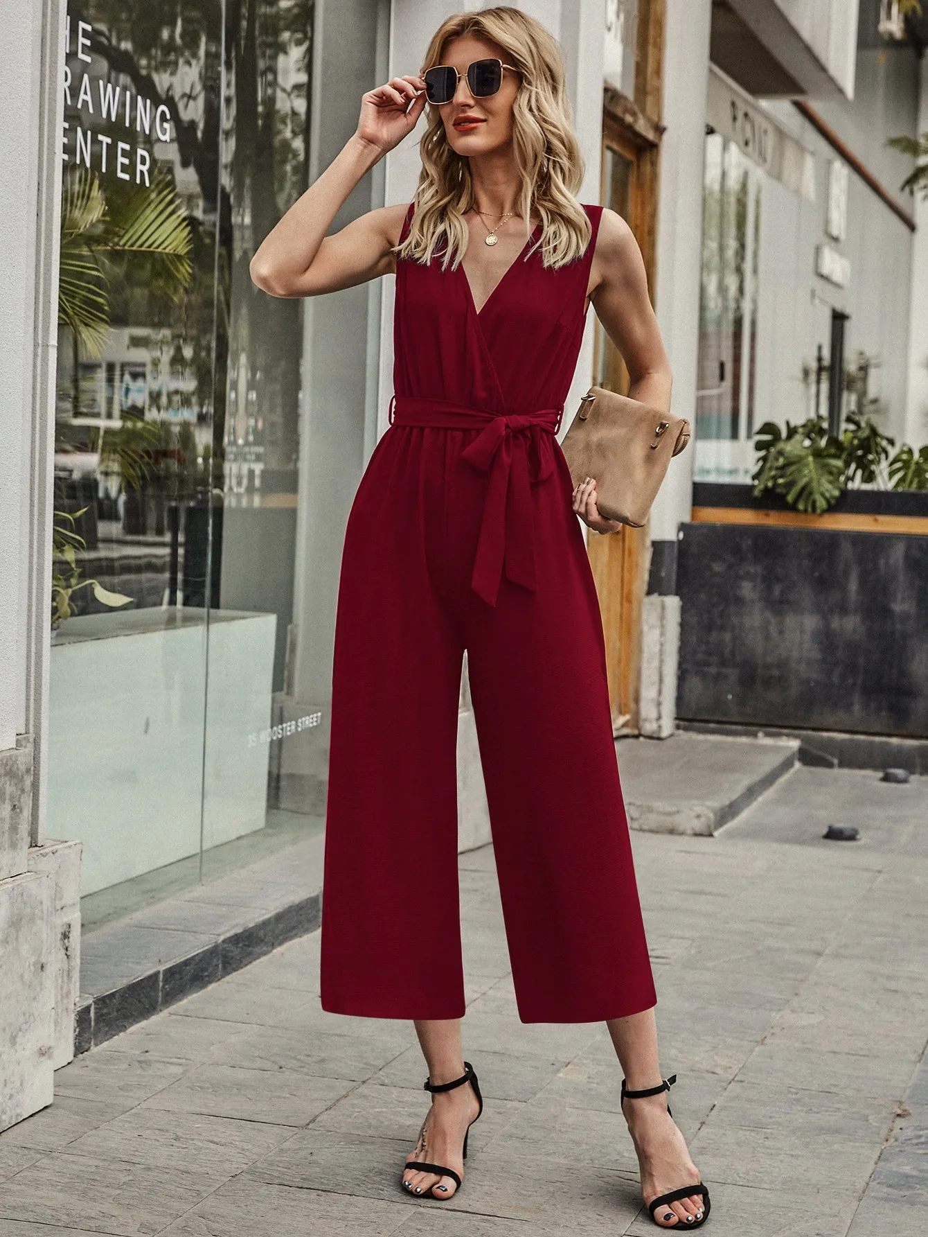 Elegant Plain Wrap Sleeveless V Neck High Waist Capris Women Jumpsuit