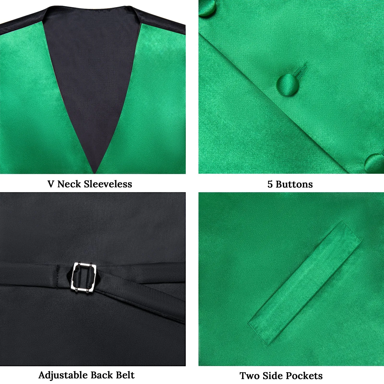 Emerald Green Solid Silk Men's Vest Hanky Cufflinks Bow Tie Set