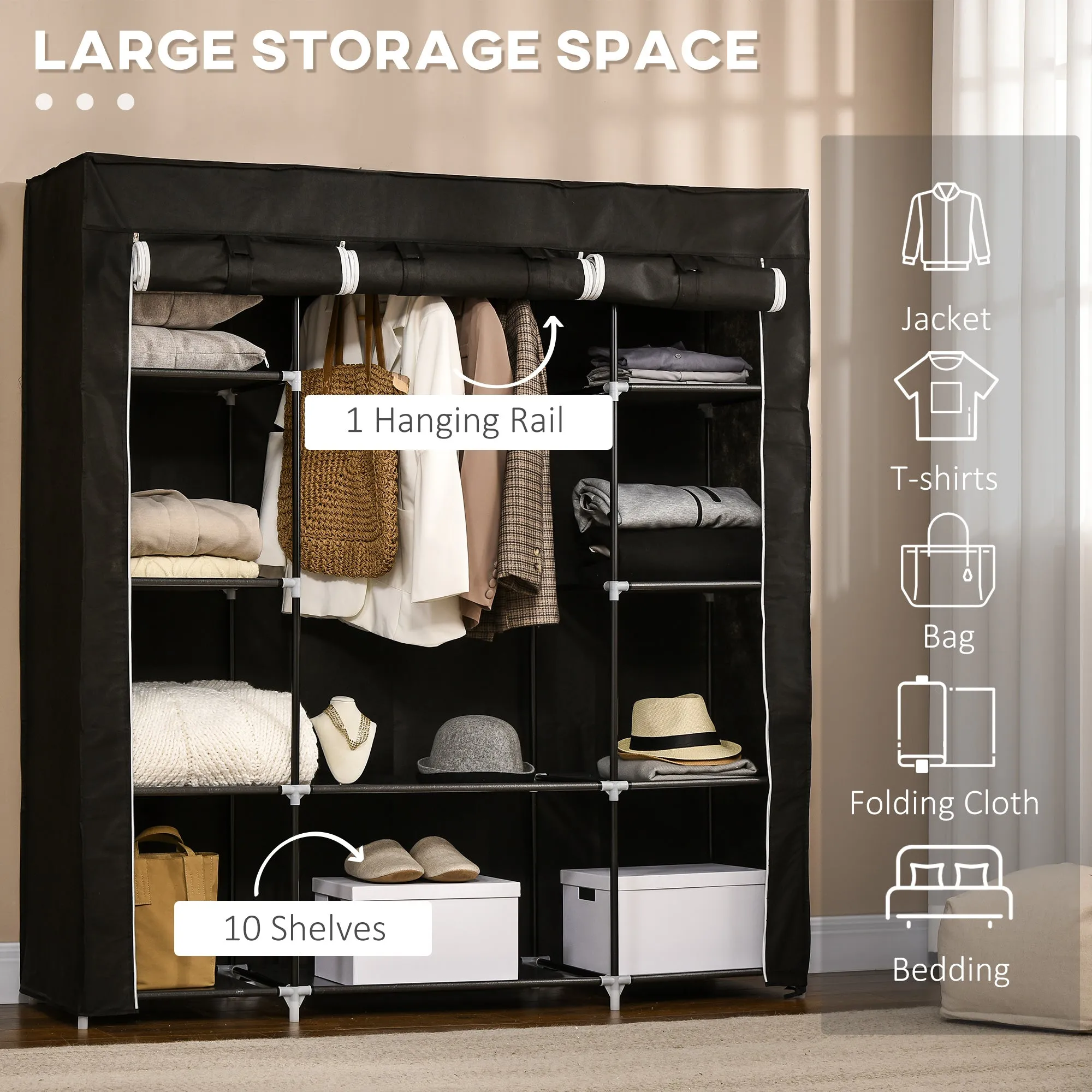 Fabric Wardrobe, Portable Wardrobe with 10 Shelves, 1 Hanging Rail, Foldable Closets, 150 x 43 x 162.5 cm, Black