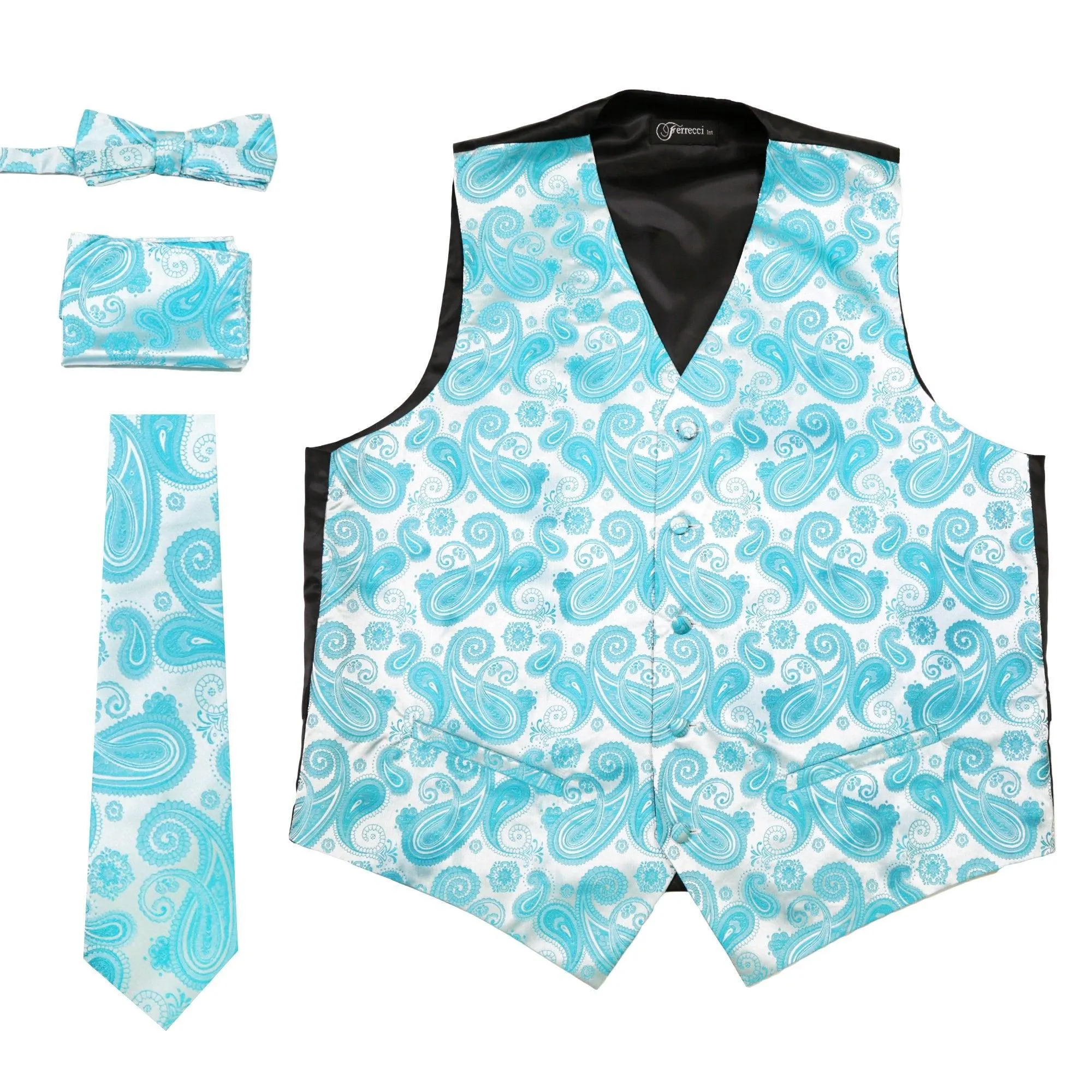 Ferrecci Mens Turquoise Paisley Wedding Prom Grad Choir Band 4pc Vest Set