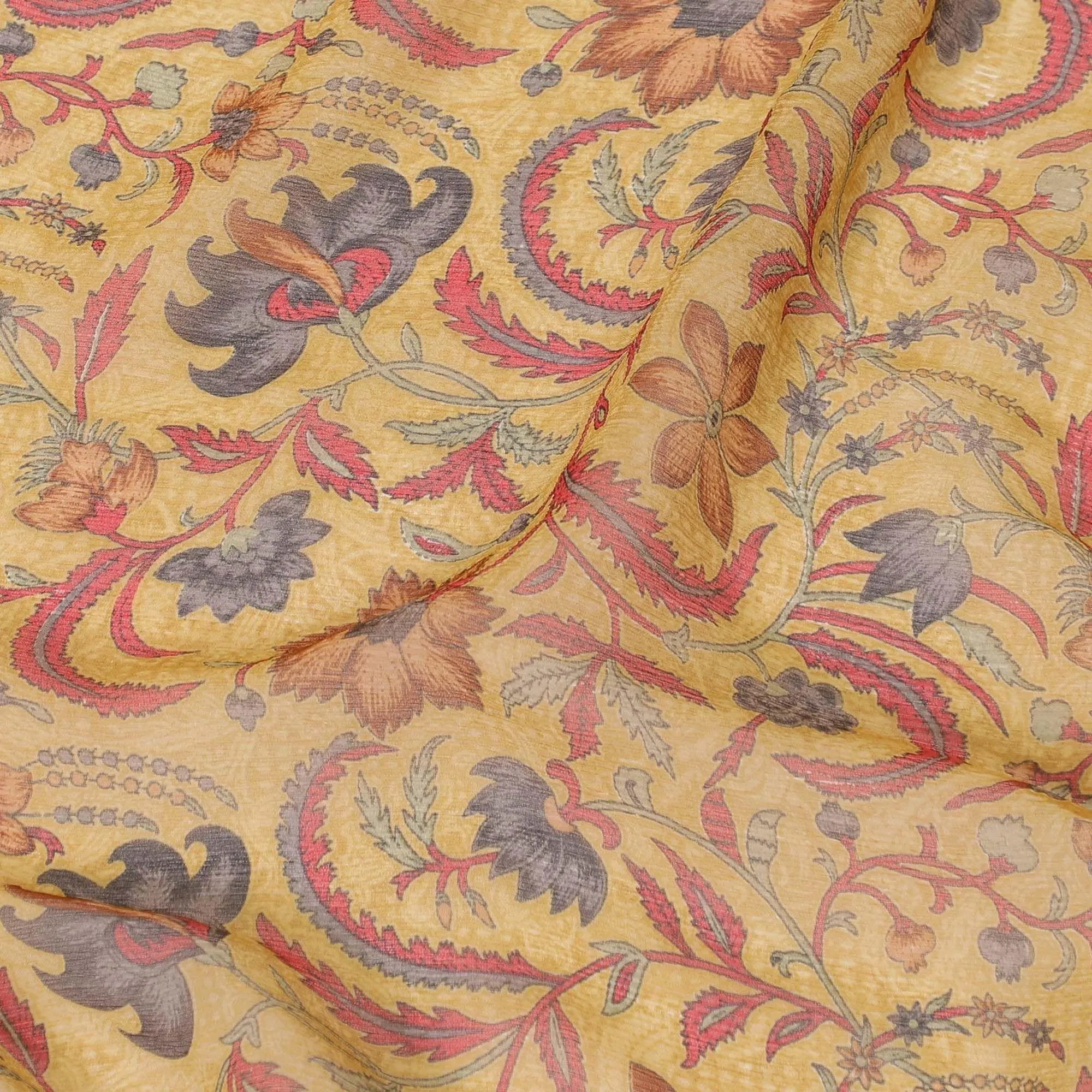 Flax yellow pure silk chiffon fabric with multicolor print in floral design-D8187