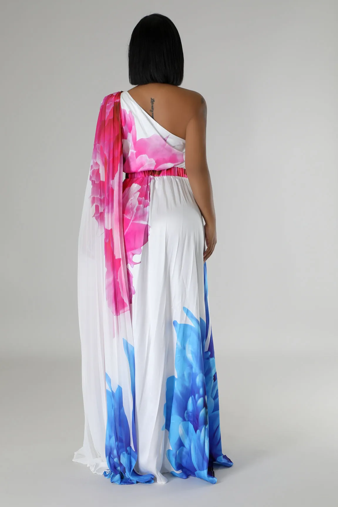 FLORAL PRINT ONE SHOULDER CAPE SLEEVE MAXI DRESS (WHITE)