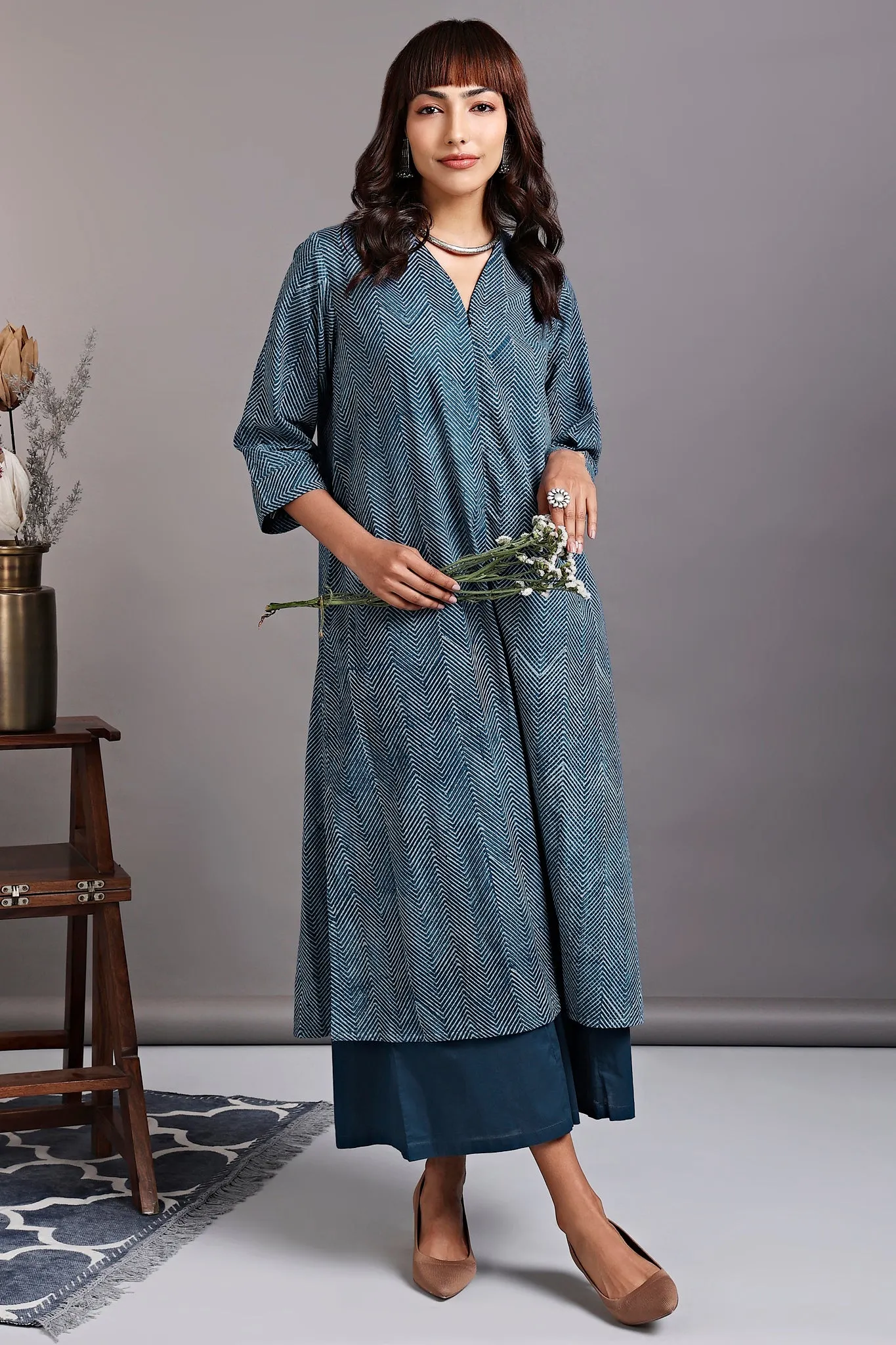 front zipper a-line kurta - azurite sparkles & serene stripes