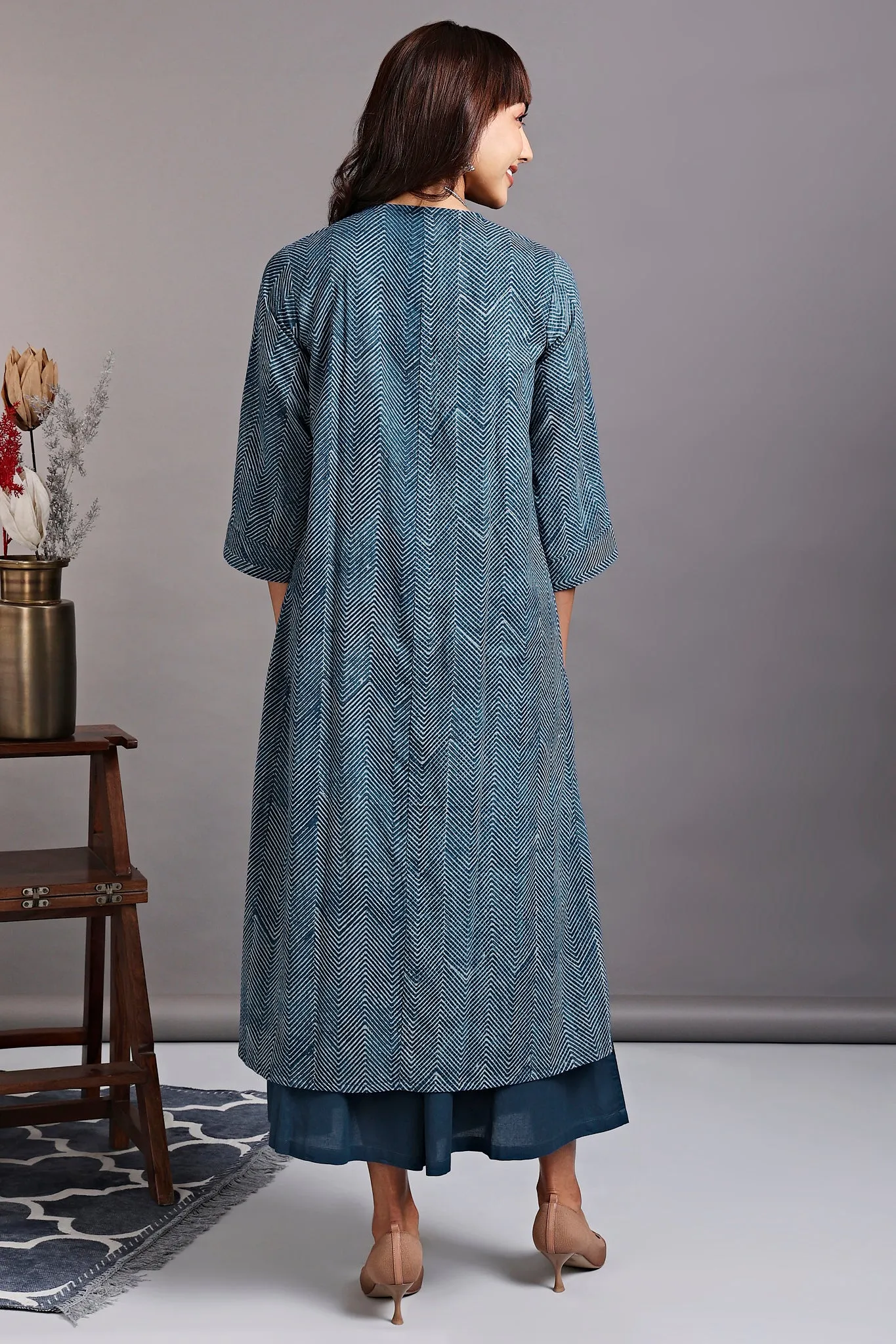 front zipper a-line kurta - azurite sparkles & serene stripes