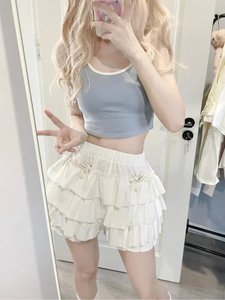 Girlary Pink Japanese Kawaii Sweet Shorts Women Blue Korean Elegant Casual Cake Culottes Female A-line Bow Cute Princess Shorts New