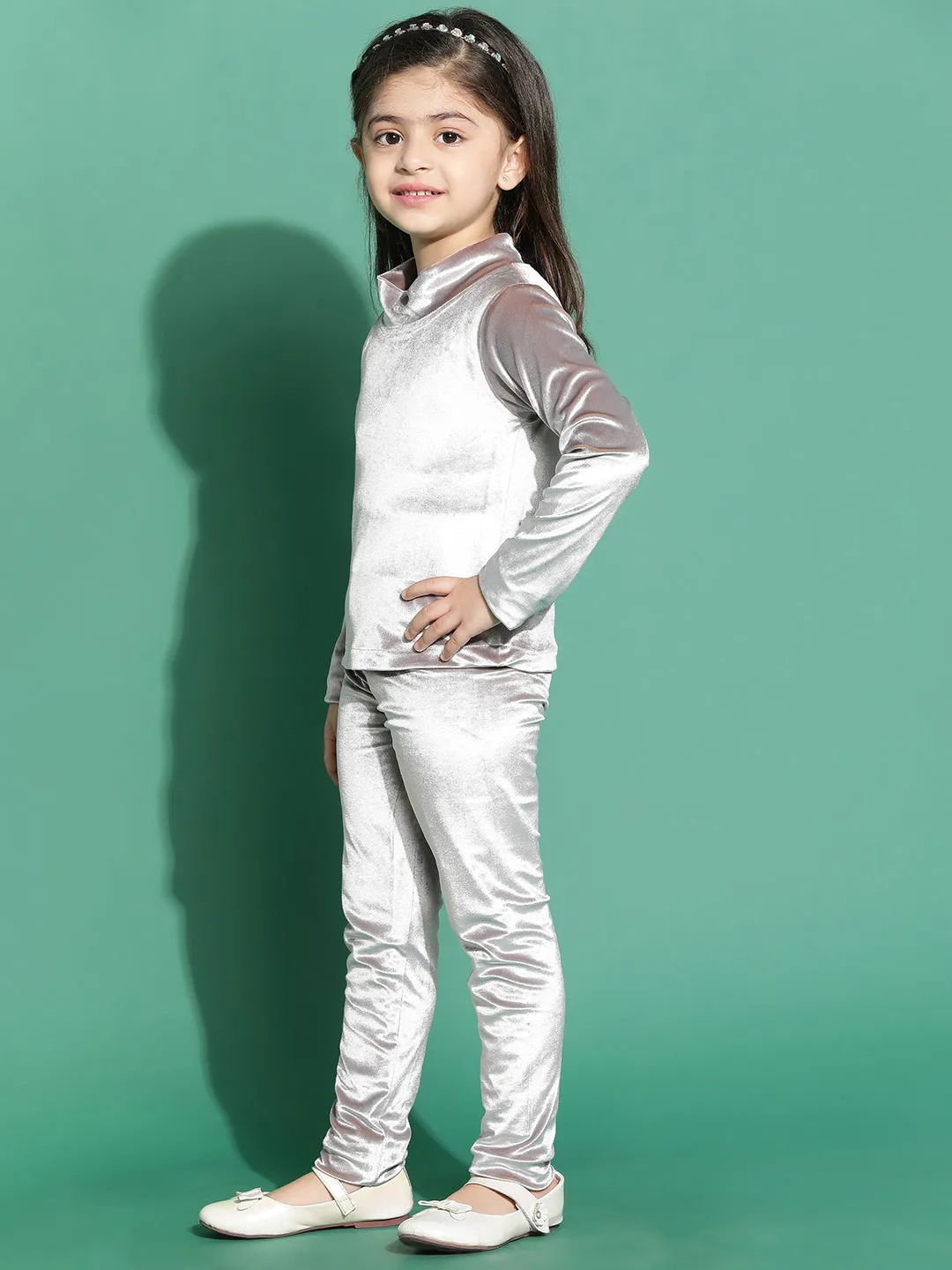 Girls Polyester Silver Top & Legging Co-Ord Set