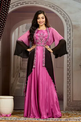 Glam Pink Ombre-Dyed Chinon Silk Cape Gown