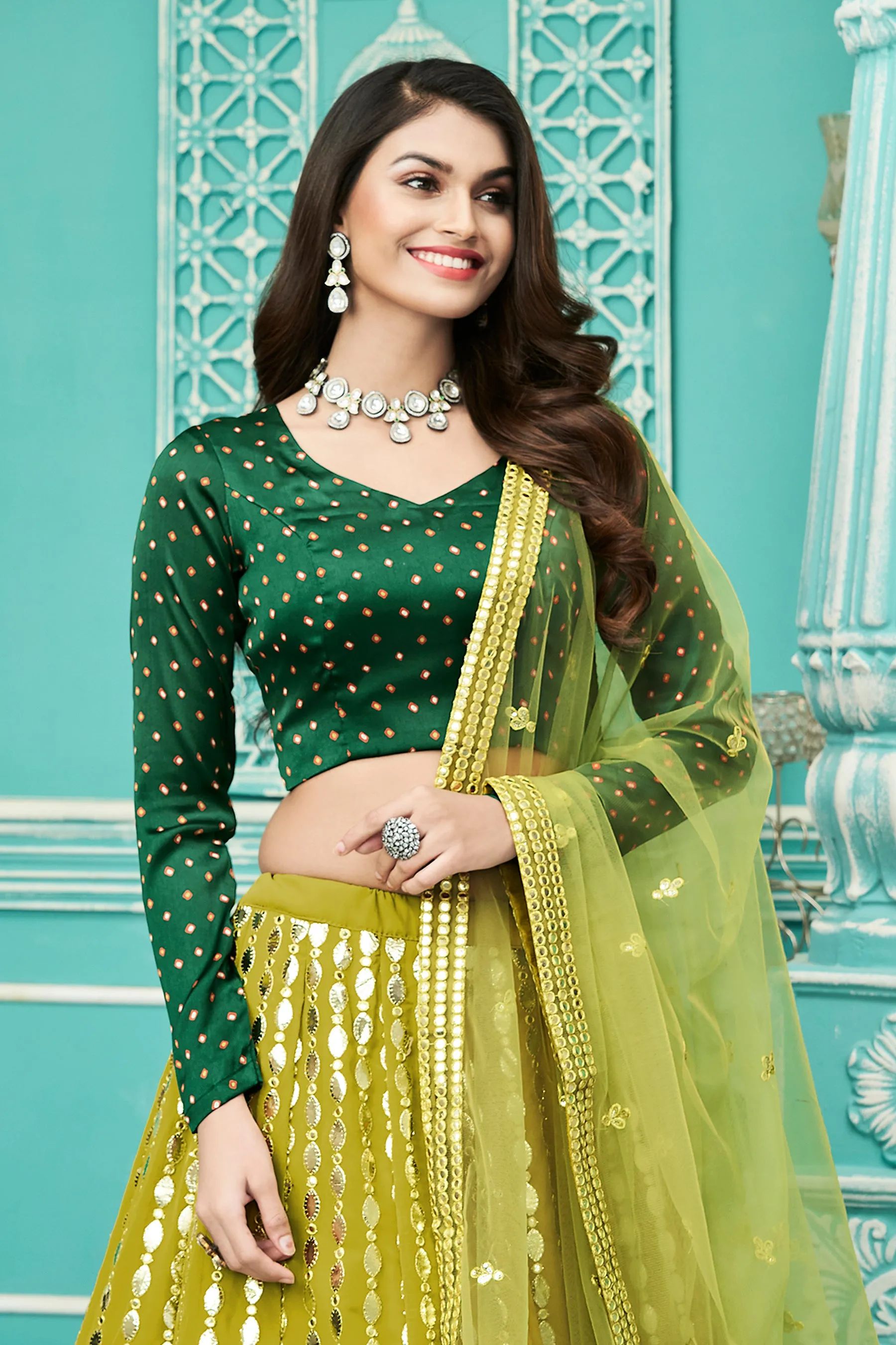 Graceful Floracance Green Gota Patti Embroidered Georgette Semi Stitched Lehenga Choli