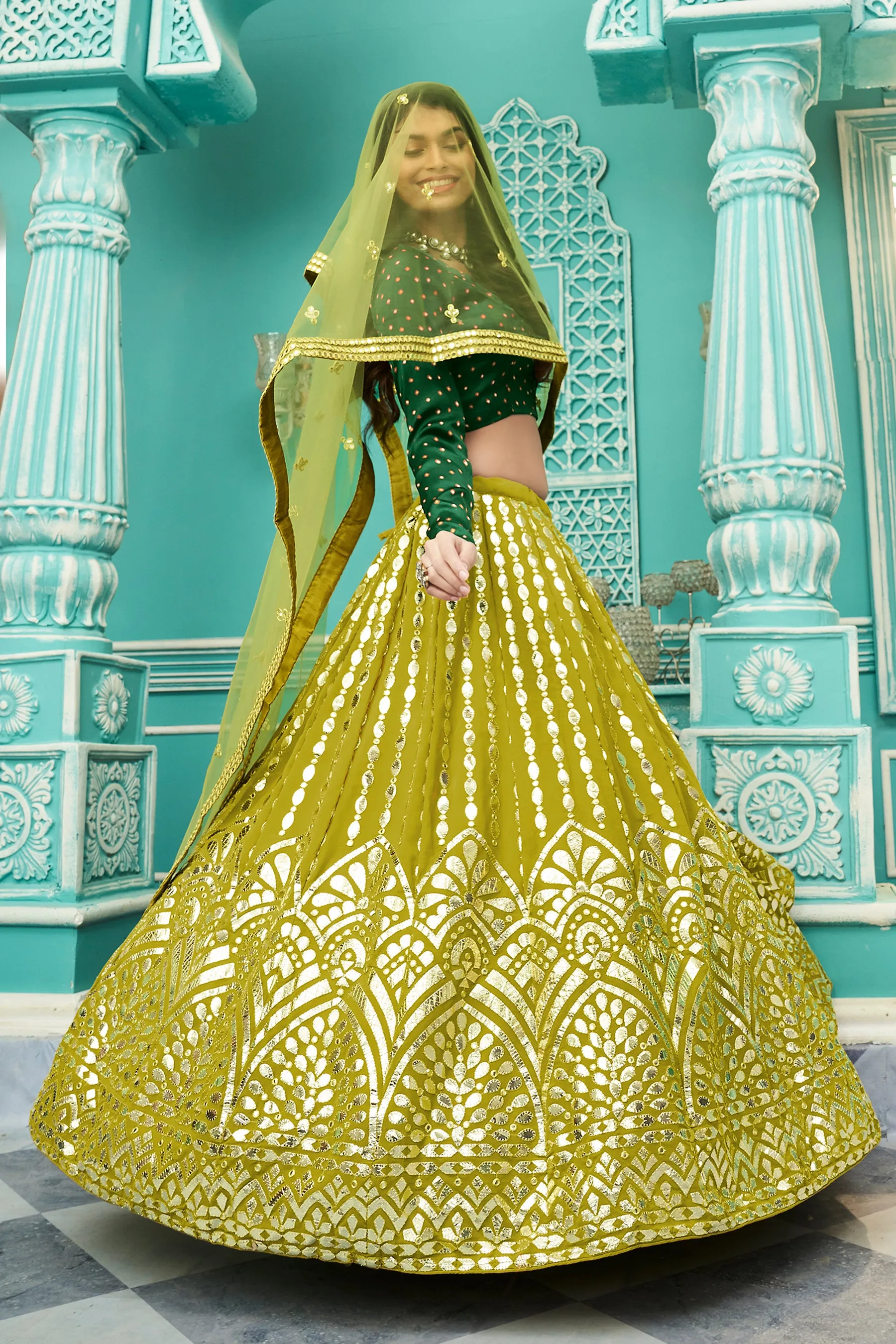 Graceful Floracance Green Gota Patti Embroidered Georgette Semi Stitched Lehenga Choli