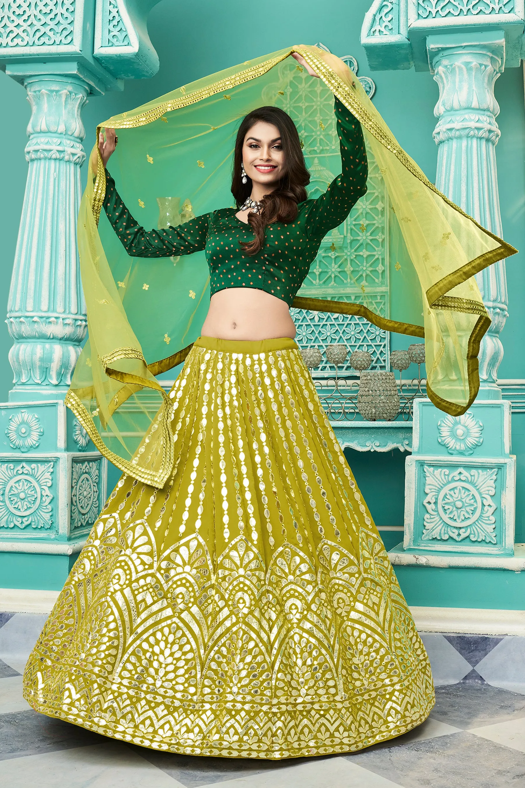 Graceful Floracance Green Gota Patti Embroidered Georgette Semi Stitched Lehenga Choli