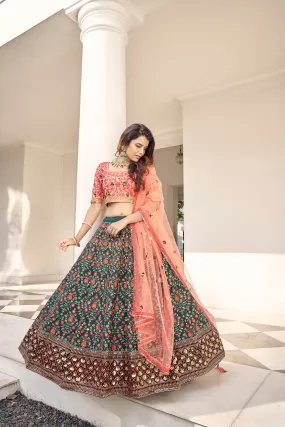 Green & Orange Thread With Sequins Embroidered Art Silk Semi Stitched Wedding And Party Lehenga