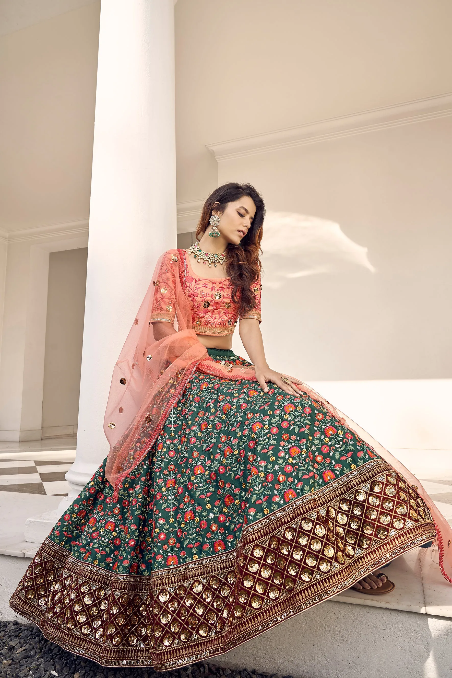 Green & Orange Thread With Sequins Embroidered Art Silk Semi Stitched Wedding And Party Lehenga