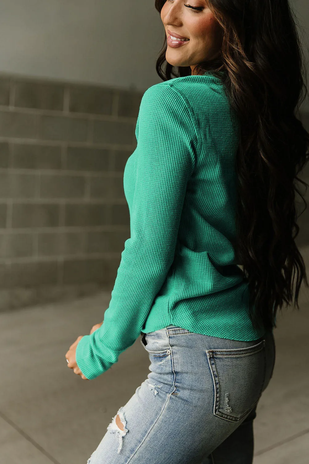 Green Solid Color Waffle Knit Long Sleeve Henley Shirt