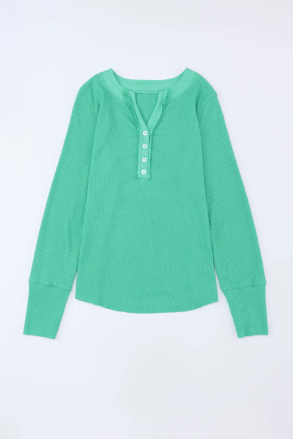 Green Solid Color Waffle Knit Long Sleeve Henley Shirt