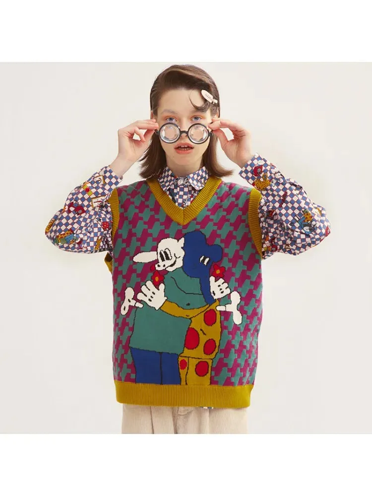 Harajuku Embroidery Fashion Design Women Knitted Sweater Vest Autumn Winter V-neck Sleeveless Preppy Style Pullover Tops