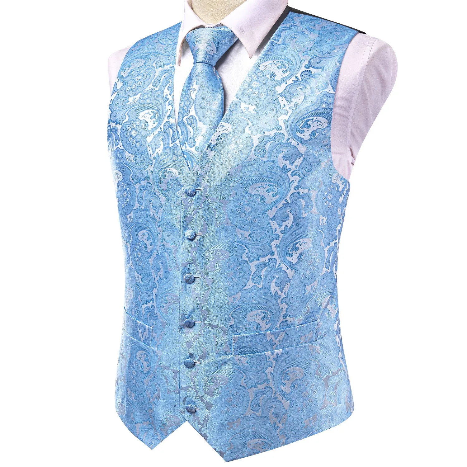 Hi-Tie Baby Blue Paisley Silk Men's Vest Hanky Cufflinks Necktie Set