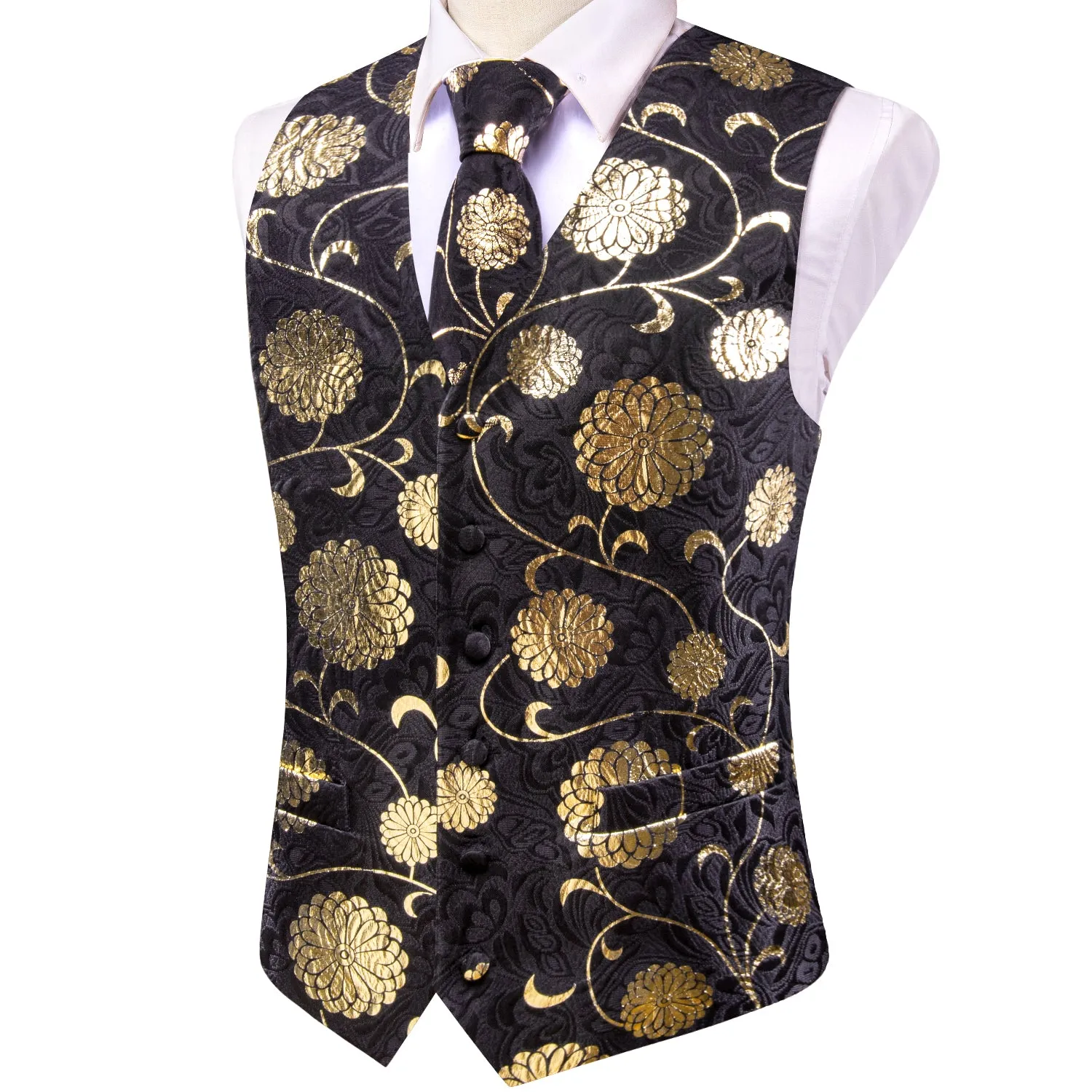 Hi-Tie Black Gold Floral Men's Vest Necktie Hanky Cufflinks Tie Set