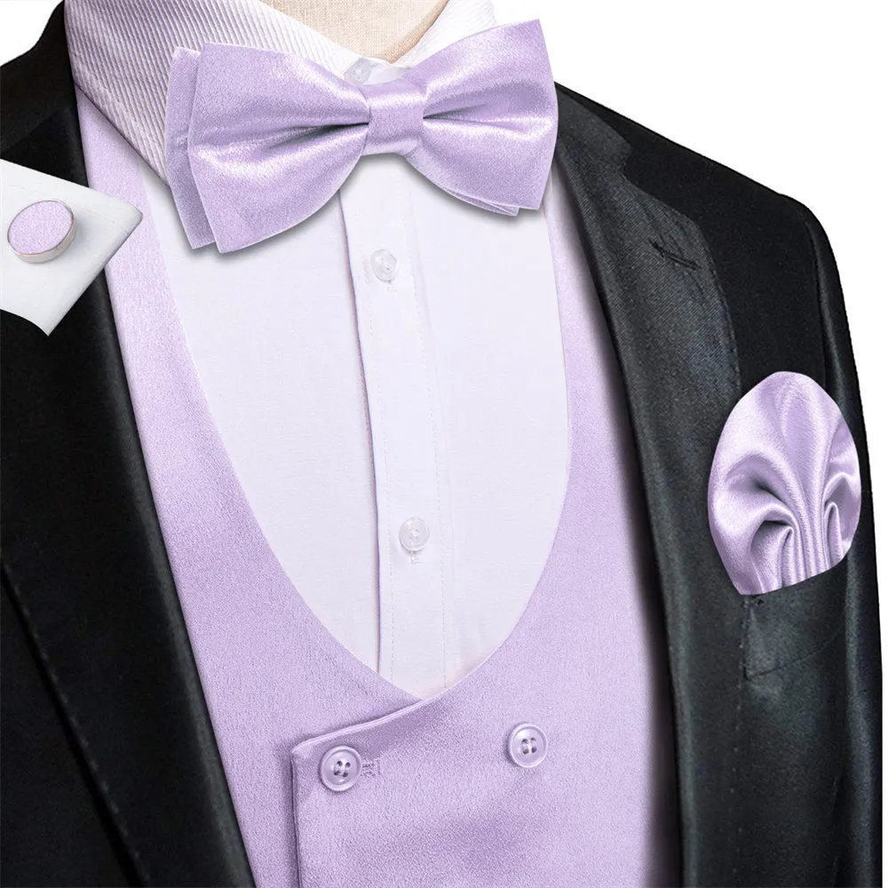 Hi-Tie Light Purple Solid U-Neck Double-Breasted Vest Necktie Bowtie Set