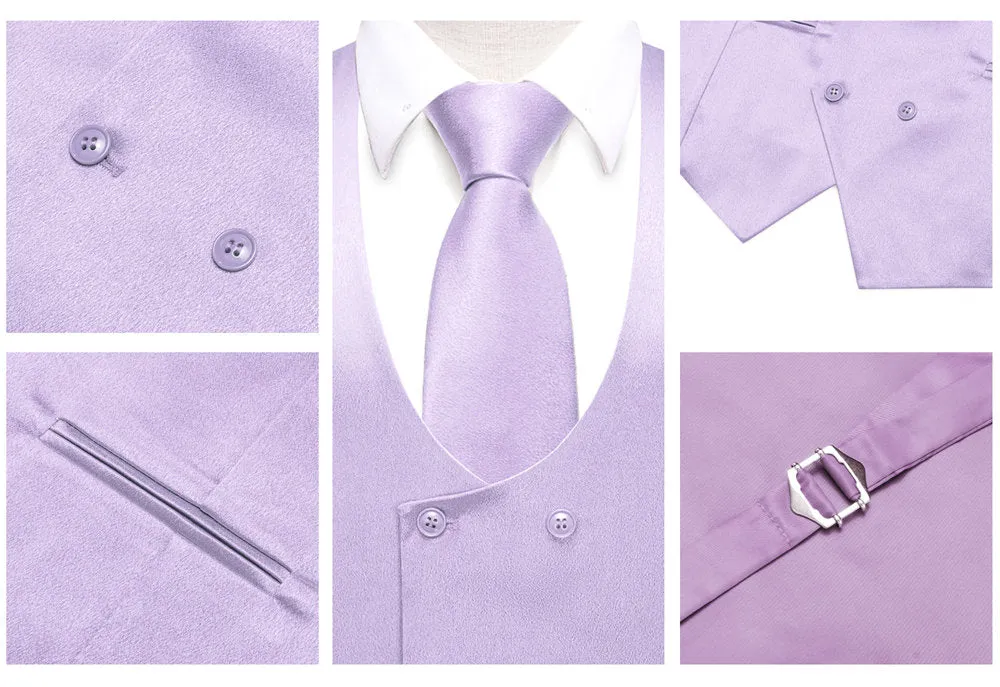 Hi-Tie Light Purple Solid U-Neck Double-Breasted Vest Necktie Bowtie Set