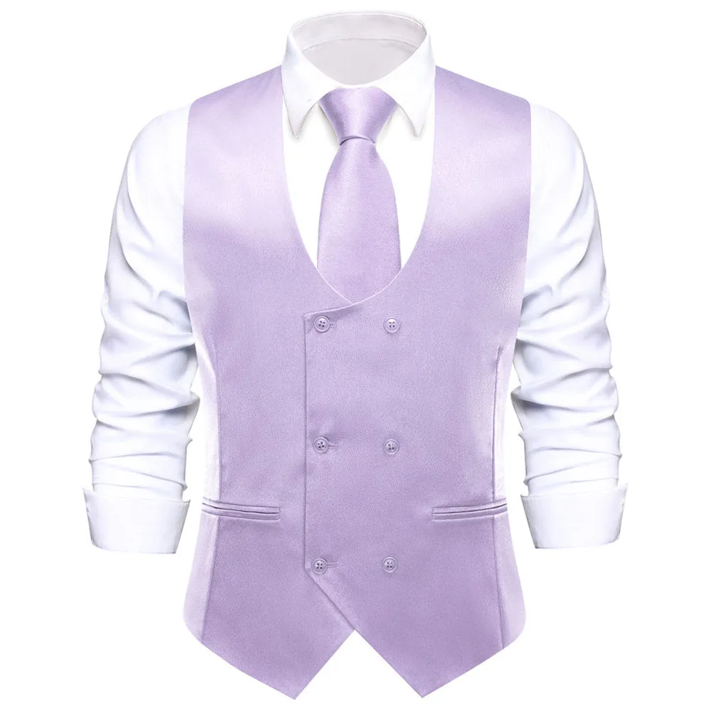 Hi-Tie Light Purple Solid U-Neck Double-Breasted Vest Necktie Bowtie Set