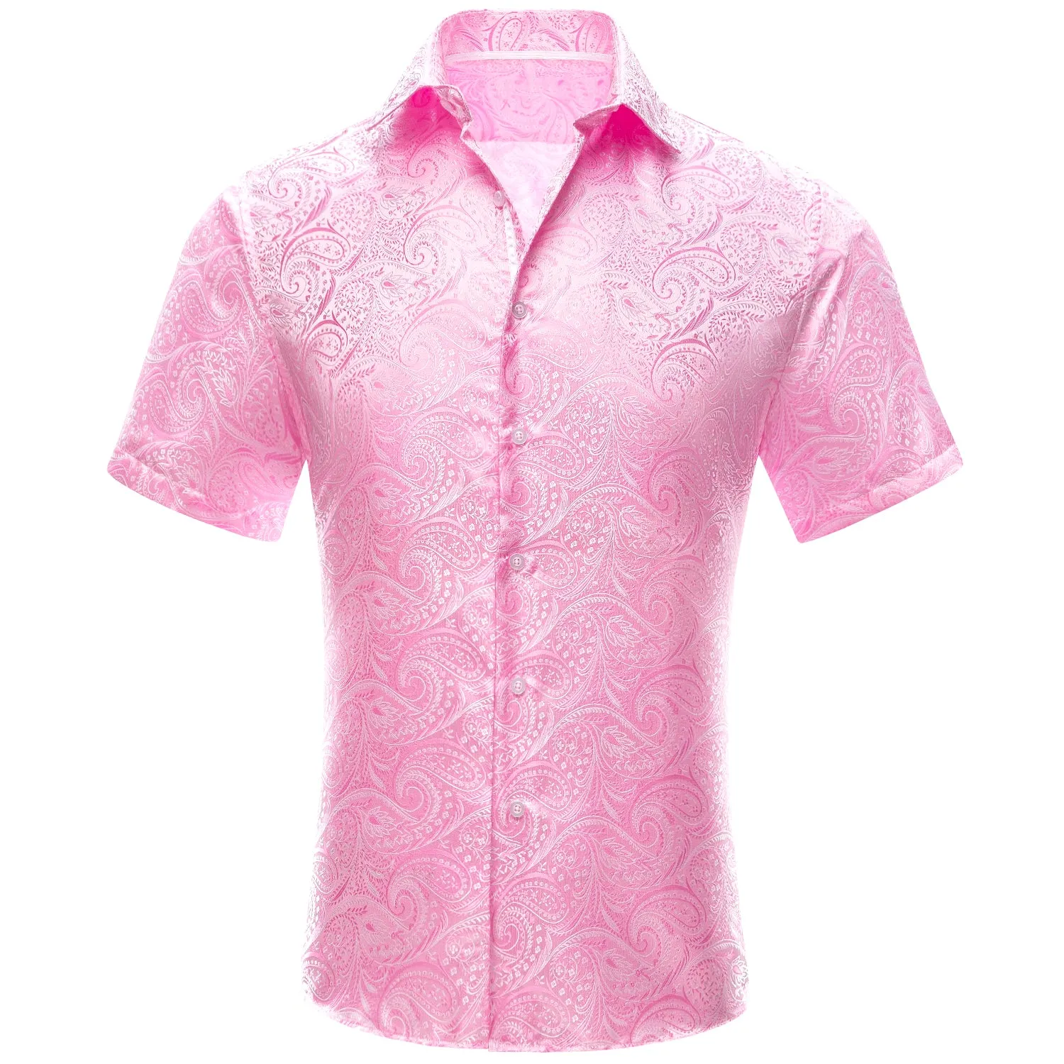 Hi-Tie Men's Top Baby Pink Paisley Silk Men's Short Sleeve Dress Shirt