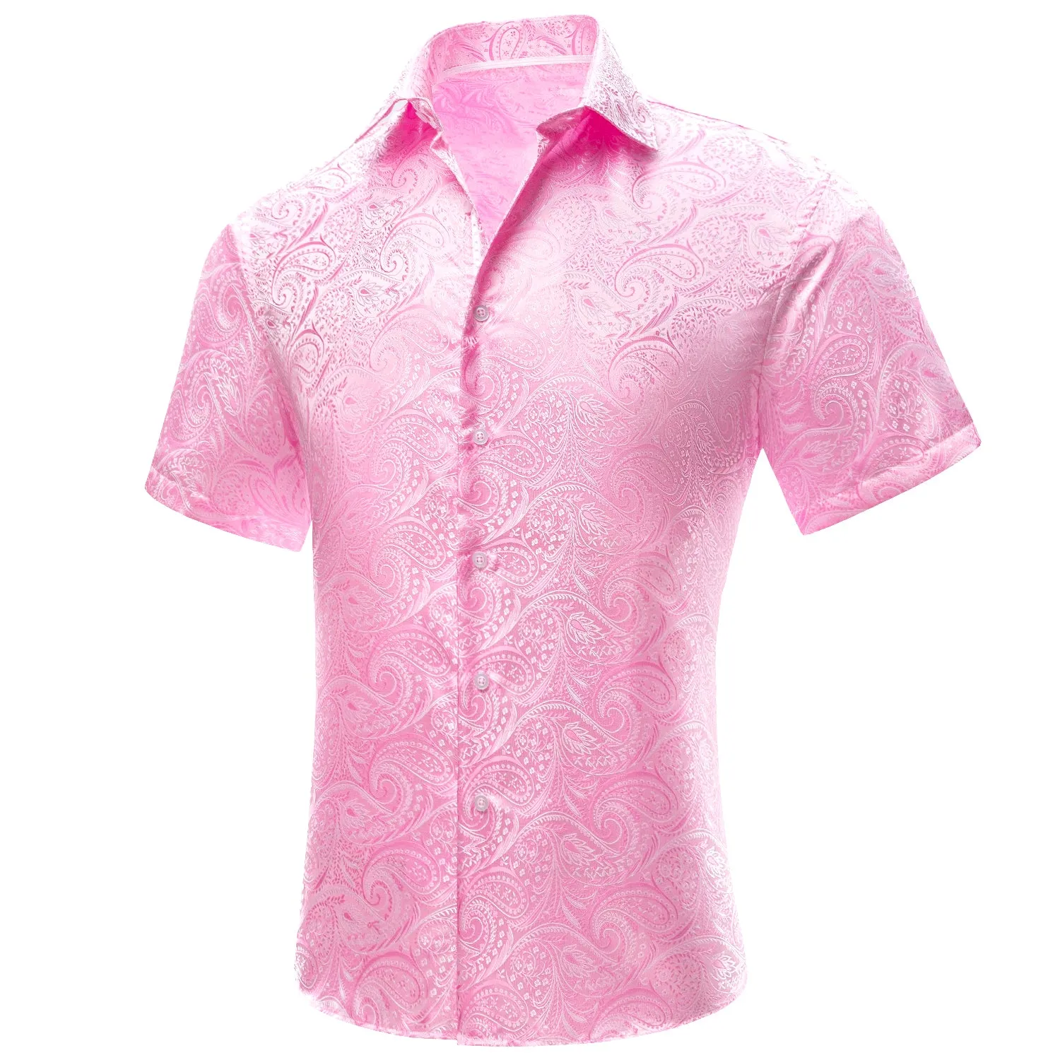 Hi-Tie Men's Top Baby Pink Paisley Silk Men's Short Sleeve Dress Shirt