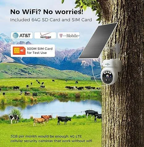 Hiseeu No WiFi Security Camera, 4G Cellular Security Cameras Wireless Outdoor, Solar Cameras 360° PTZ, 2K Color Night Vision, 2-Way Talk, PIR Motion, 64G SD & SIM Card Included