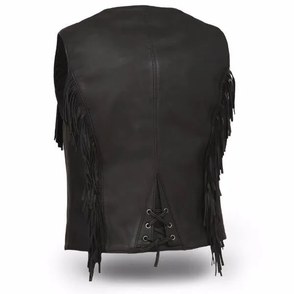 HL14572LMB The Apache Ladies Lightweight Fringe Leather Vest Motorcycle Tassel Frill Vest Bikers