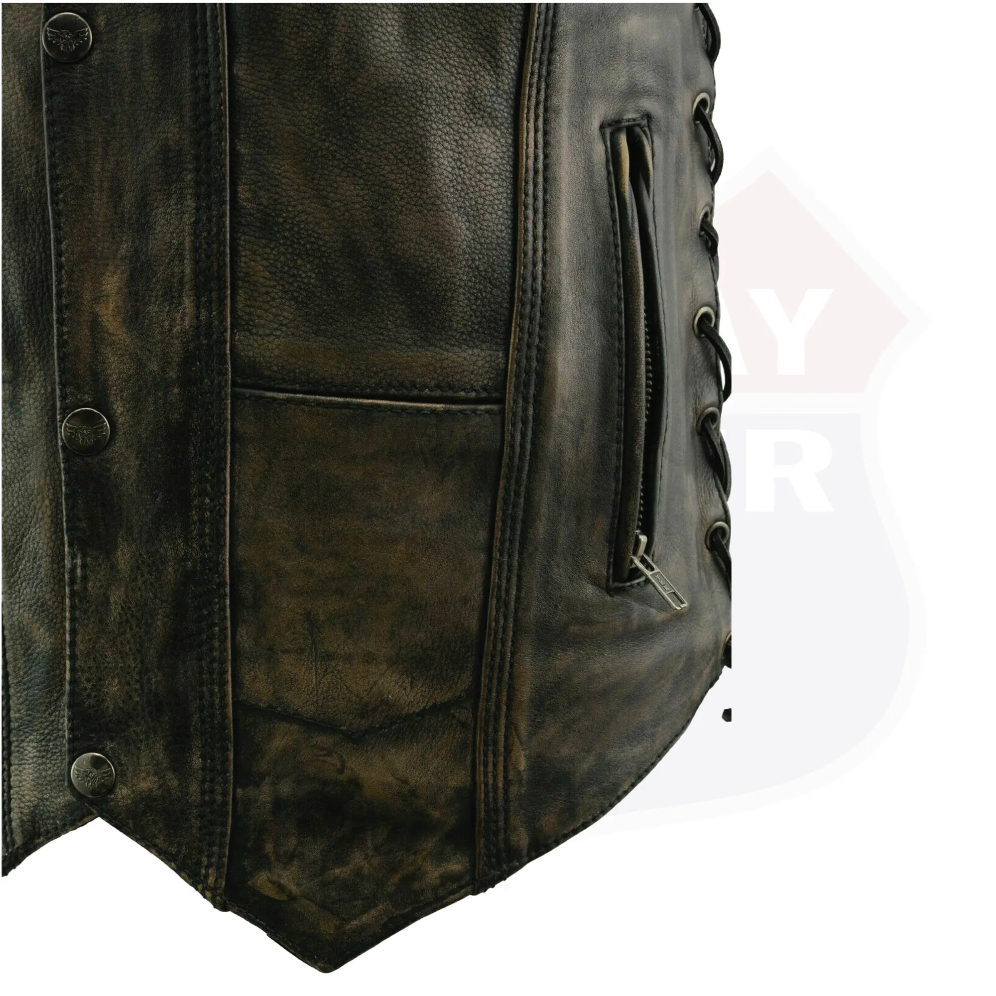 HL3540BEIGE Charcoal Brown Hamilton washed BEIGE leather motorcycle vest