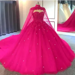 Hot Pink Detachable Cape Quinceanera Sweet 16 Ball Gown Prom Dress