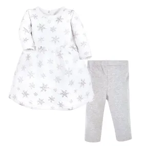 Hudson Baby Quilted Cotton Dress and Leggings, Silver Snowflakes