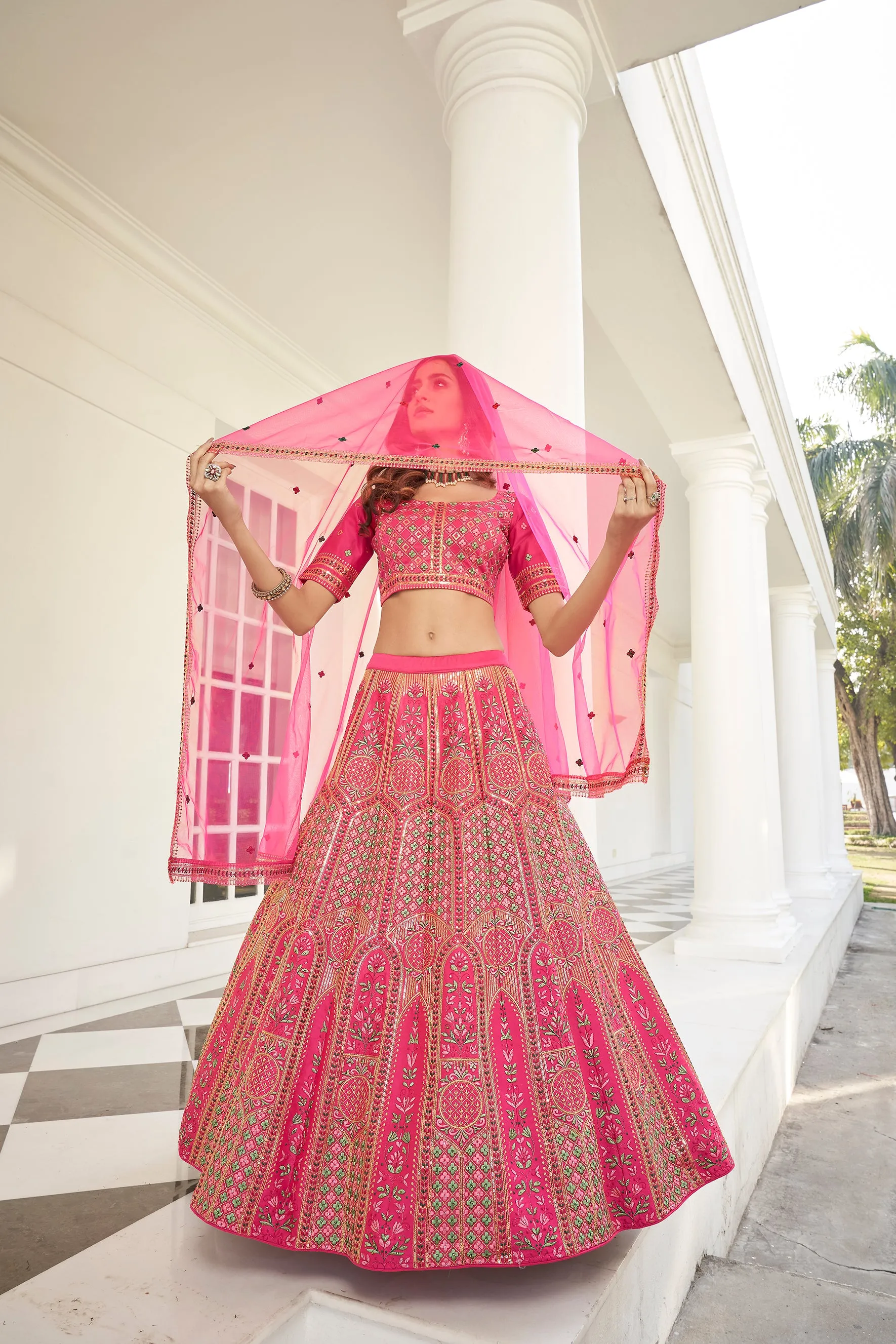 Hypnotizing Deep Pink Thread And Sequins Embroidered Silk Semi Stitched Lehenga