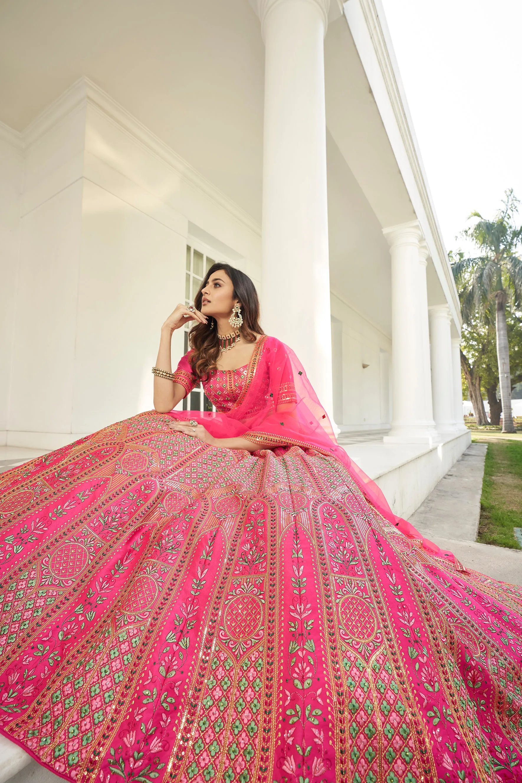 Hypnotizing Deep Pink Thread And Sequins Embroidered Silk Semi Stitched Lehenga