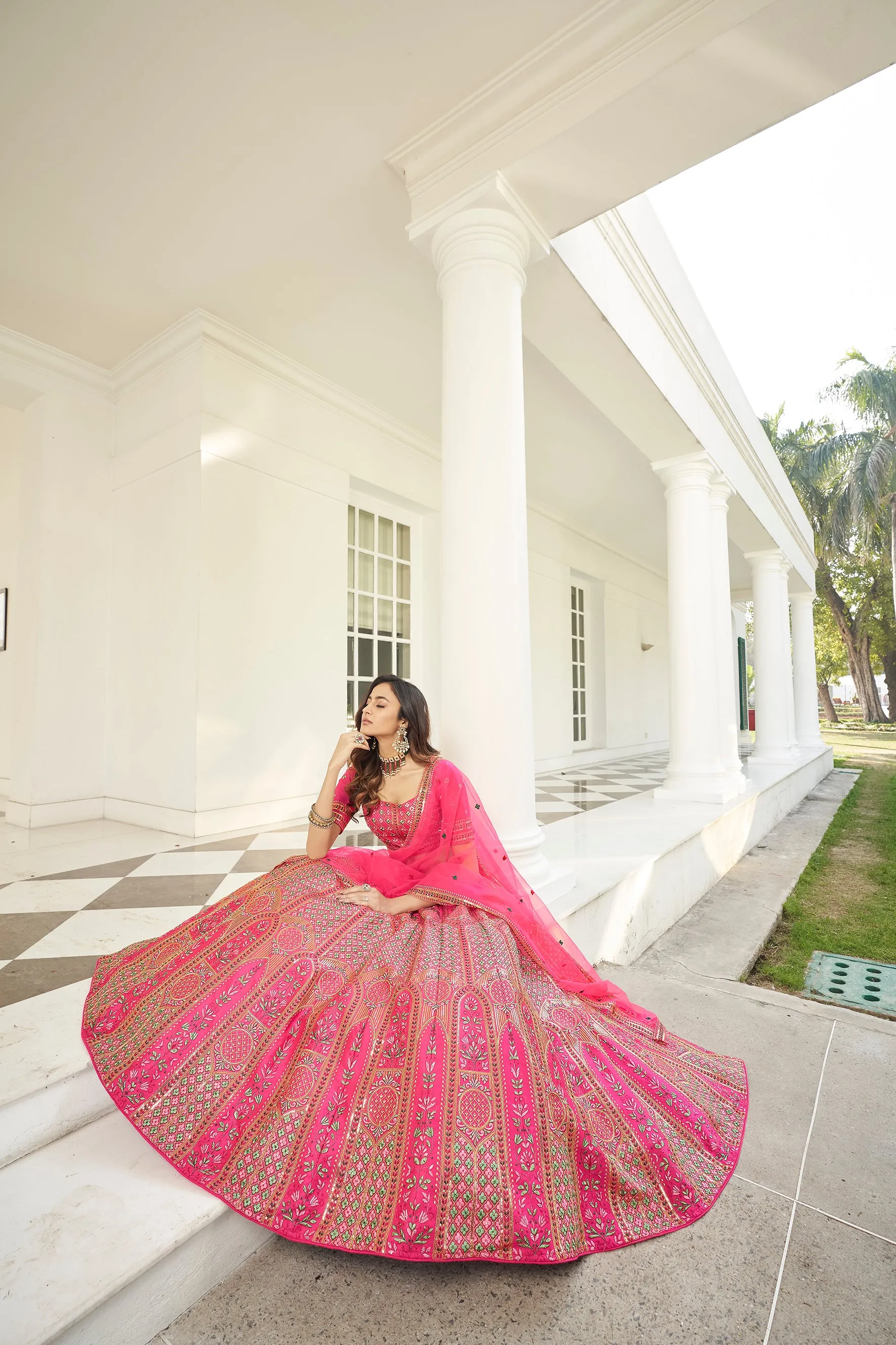 Hypnotizing Deep Pink Thread And Sequins Embroidered Silk Semi Stitched Lehenga