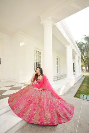 Hypnotizing Deep Pink Thread And Sequins Embroidered Silk Semi Stitched Lehenga