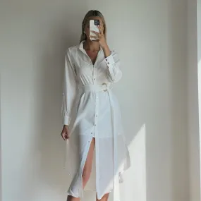 ISLA White Long Sleeve Midi Shirt Dress