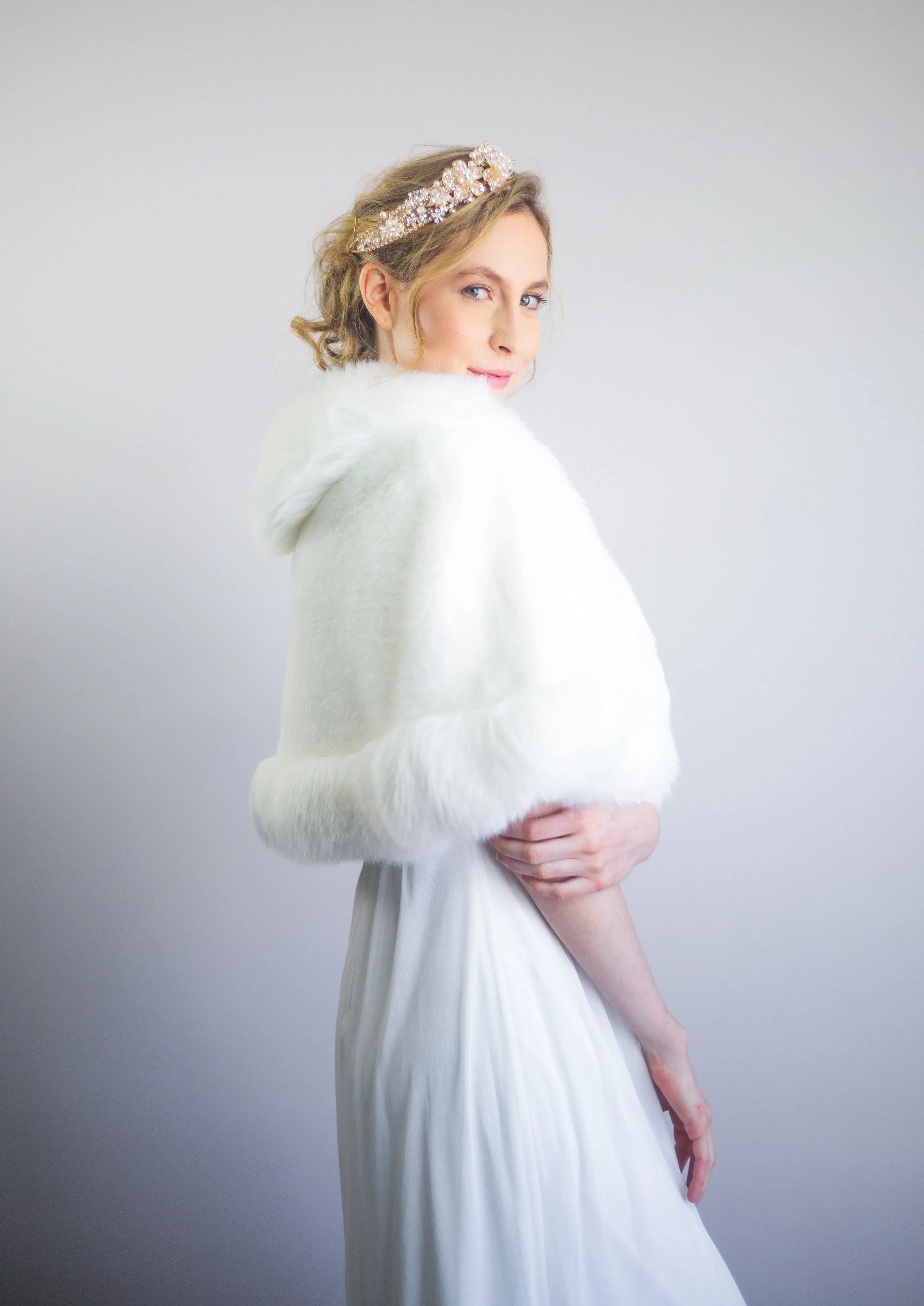 Ivory White Faux Fur Bridal Cape (Georgina Wht01) - CUSTOM ORDER ONLY