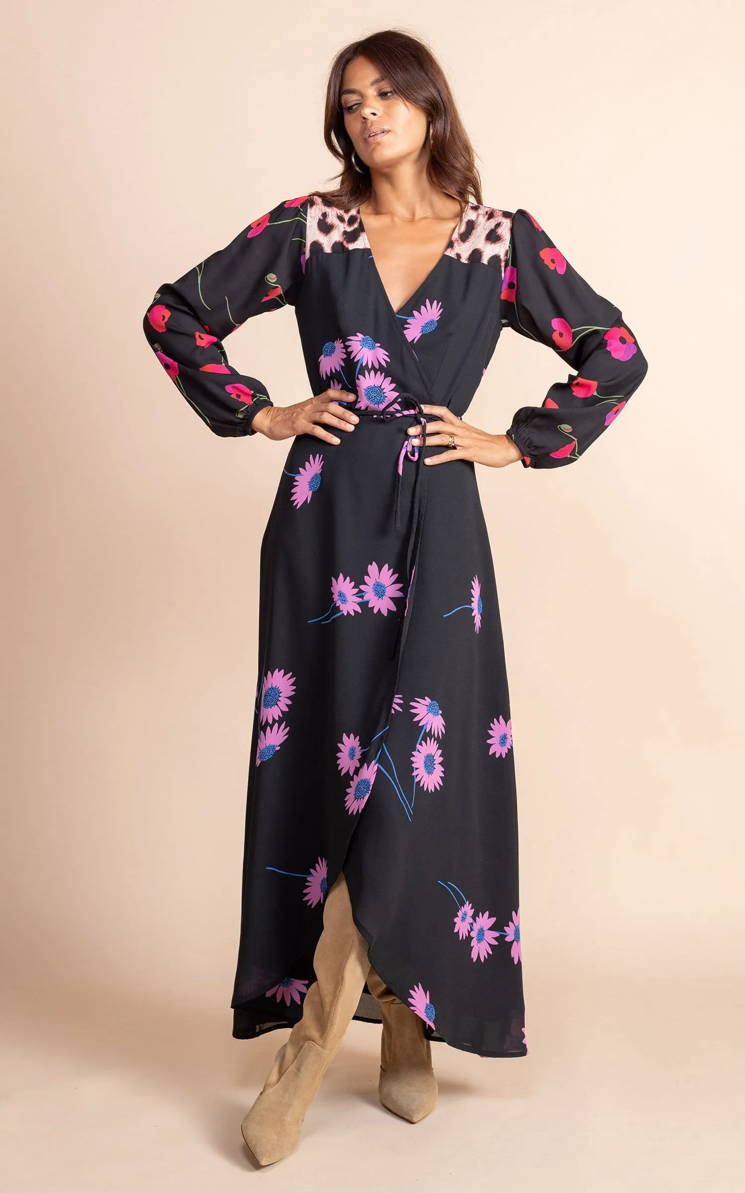 Jagger Maxi Wrap Dress in Pink Daisy on Black Mix