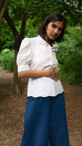 Joni Puff Sleeve Blouse in White Cotton Bamboo by Saywood