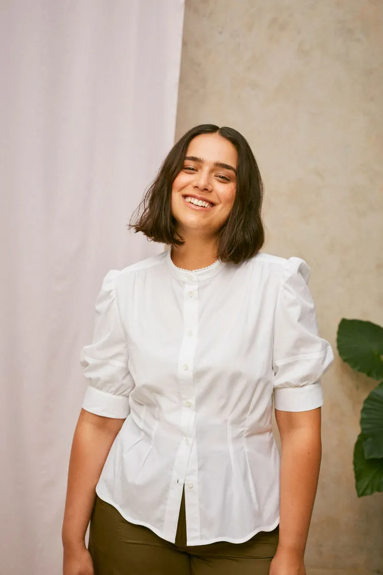 Joni Puff Sleeve Blouse in White Cotton Bamboo by Saywood