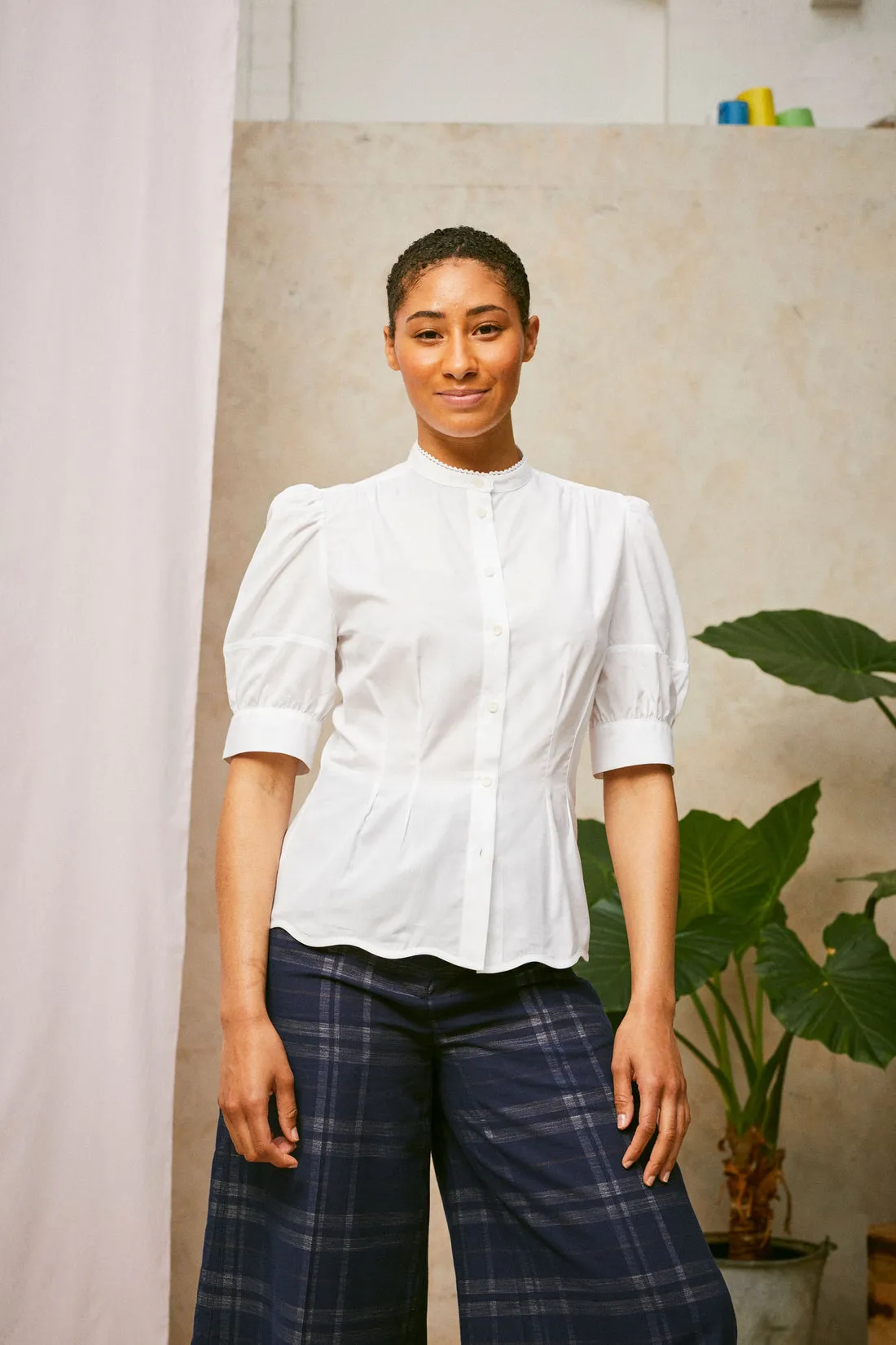 Joni Puff Sleeve Blouse in White Cotton Bamboo by Saywood