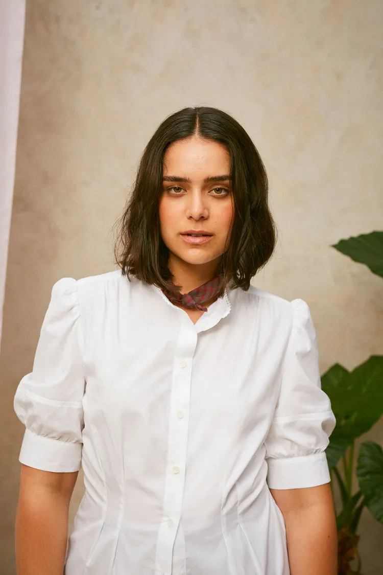 Joni Puff Sleeve Blouse in White Cotton Bamboo by Saywood